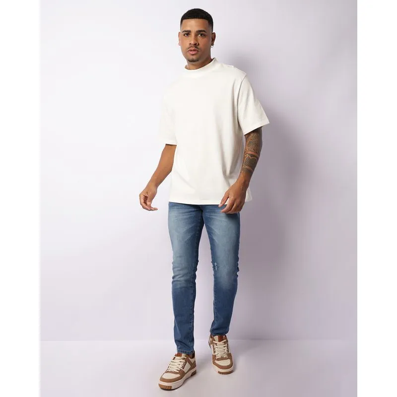 Calça Jeans Masculina Skinny Puídos Com Estampa Azul 46