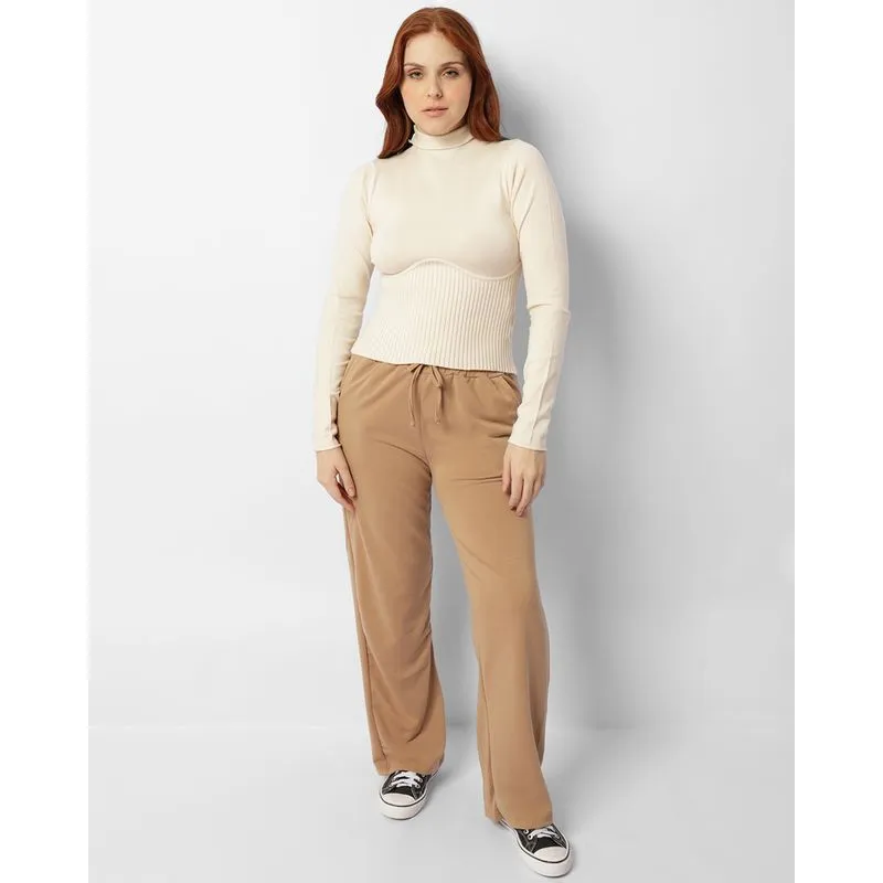 Calça Feminina Wide Leg Moletinho Bege GG