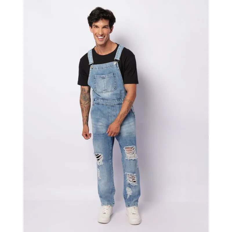 Jardineira Jeans Masculina Longa Com Bolsos Destroyed Azul M