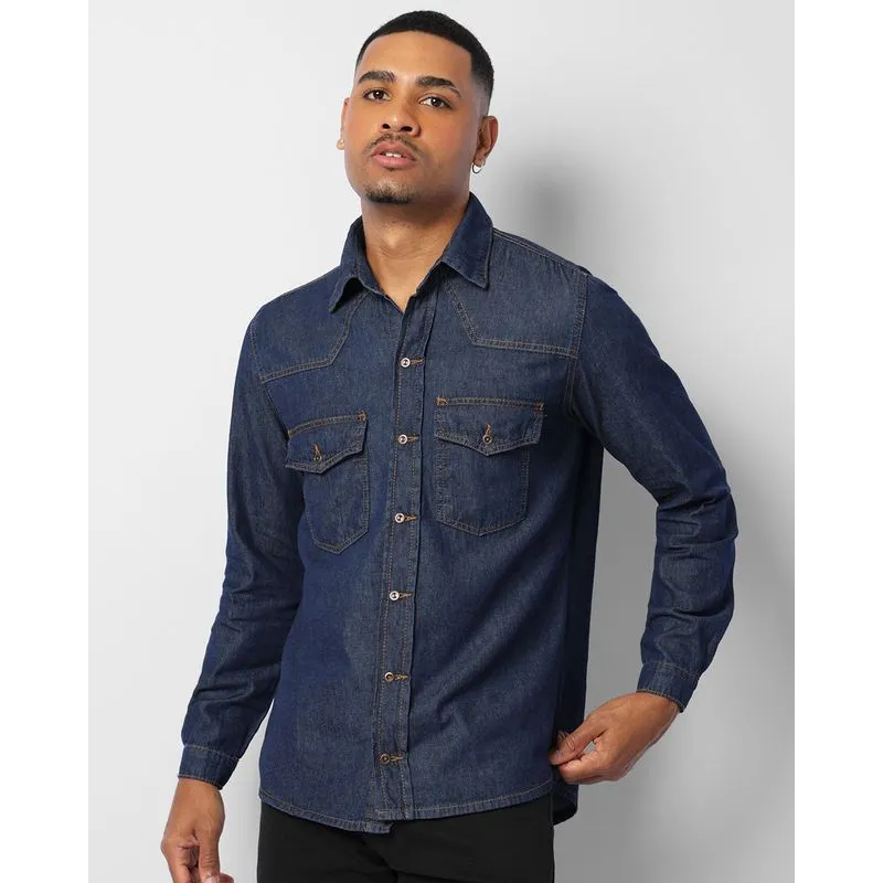 Camisa Jeans Masculina Manga Longa Bolsos Com Botões Azul P