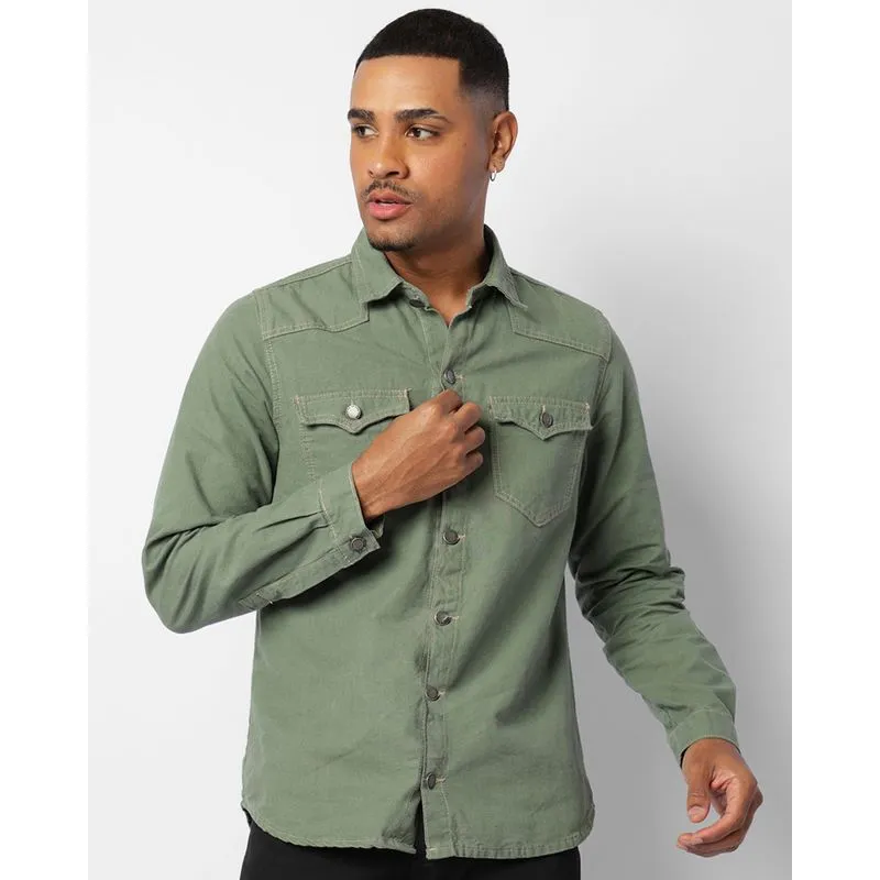 Camisa Masculina Sarja Manga Longa Bolsos Com Botões Verde G