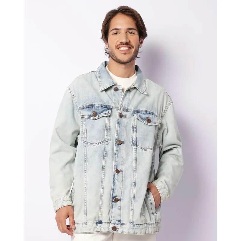 Jaqueta Jeans Masculina Oversized Com Bolsos Azul P