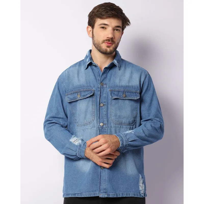 Camisa Jeans Masculina Manga Longa Destroyed Com Botões Azul G