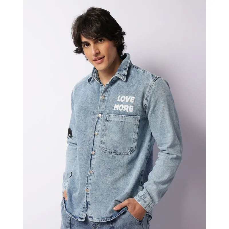 Camisa Jeans Masculina Manga Longa Com Estampa Azul GG