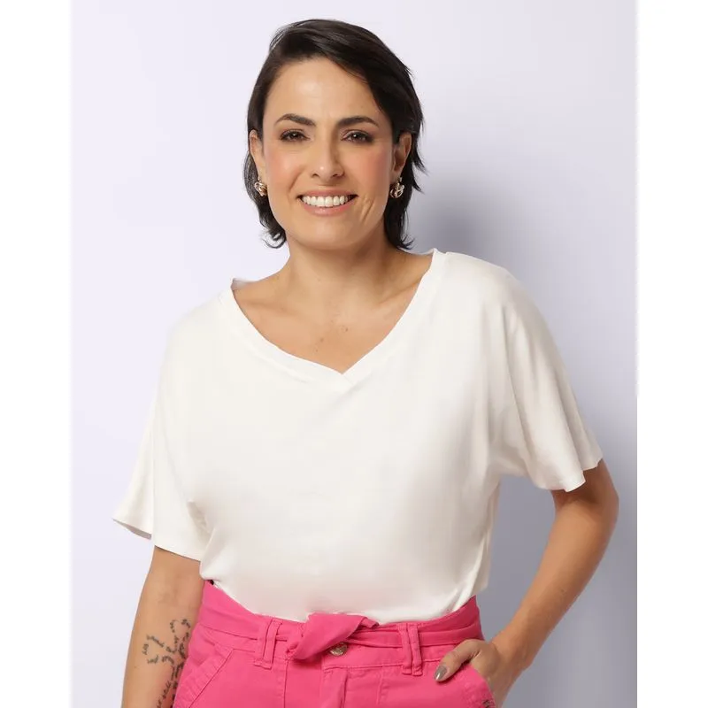 Blusa Feminina Manga Curta Decote V Off White G