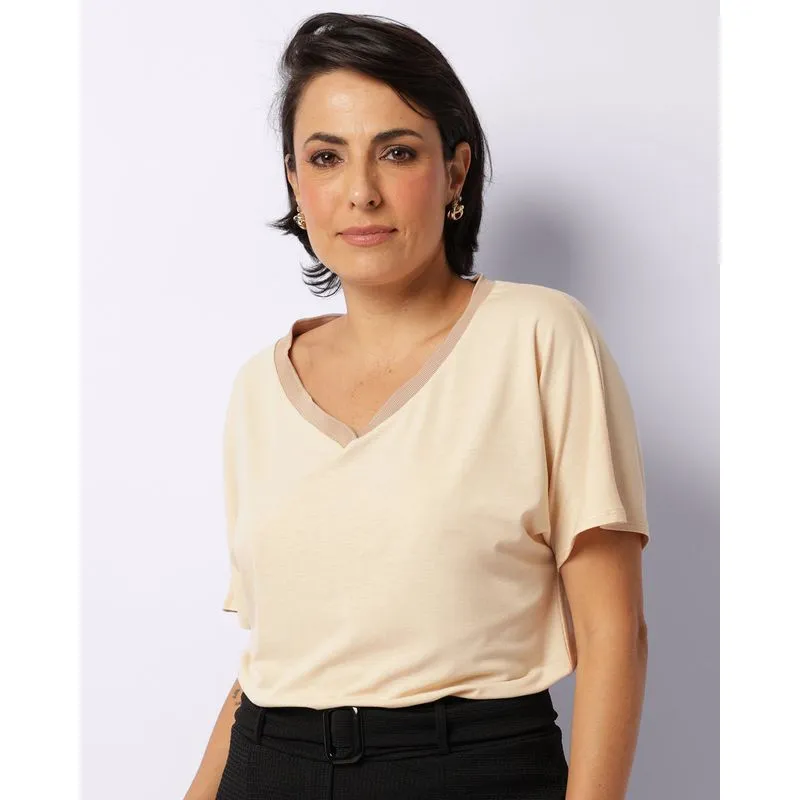Blusa Feminina Manga Curta Decote V Bege G