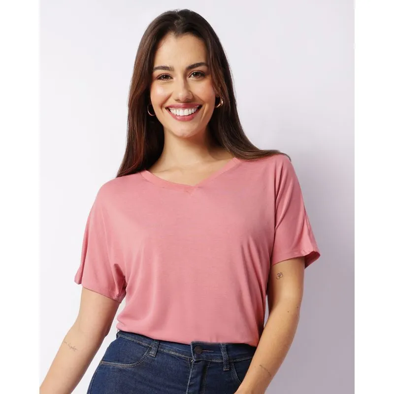 Blusa Feminina Manga Curta Decote V Retilínea Rosa P
