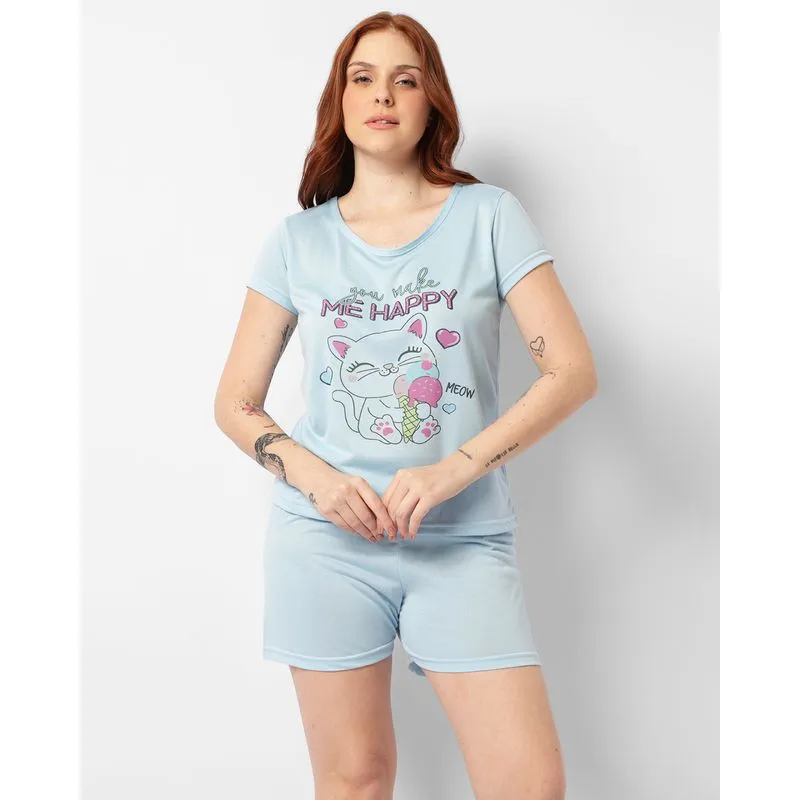 Pijama Feminino Curto Estampa Frontal Gatinha Azul P