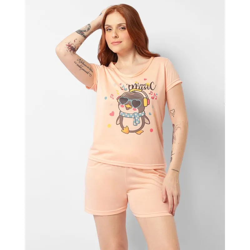 Pijama Feminino Curto Estampa Frontal Pinguim Laranja P