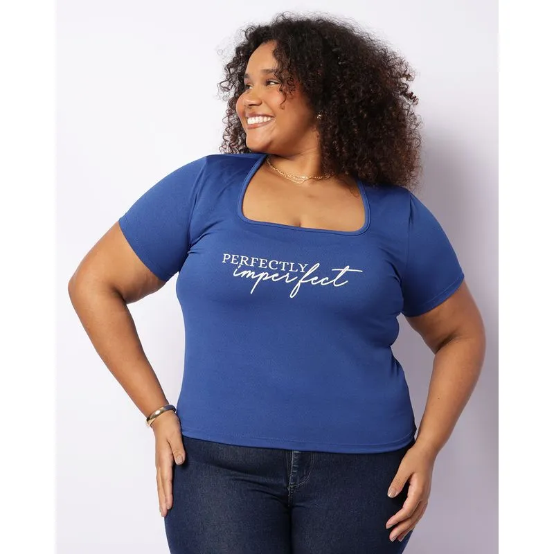 Blusa Plus Size Feminina Manga Curta Estampa Frontal Azul G2
