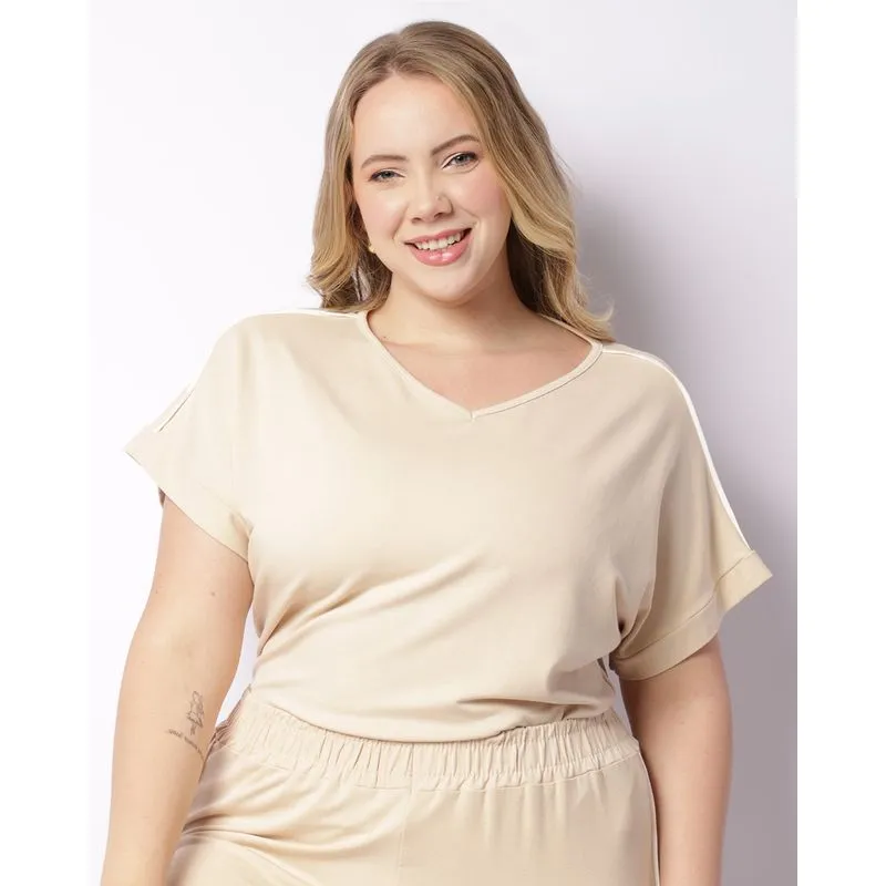 Blusa Plus Size Feminina Manga Curta Friso No Ombro Bege G3