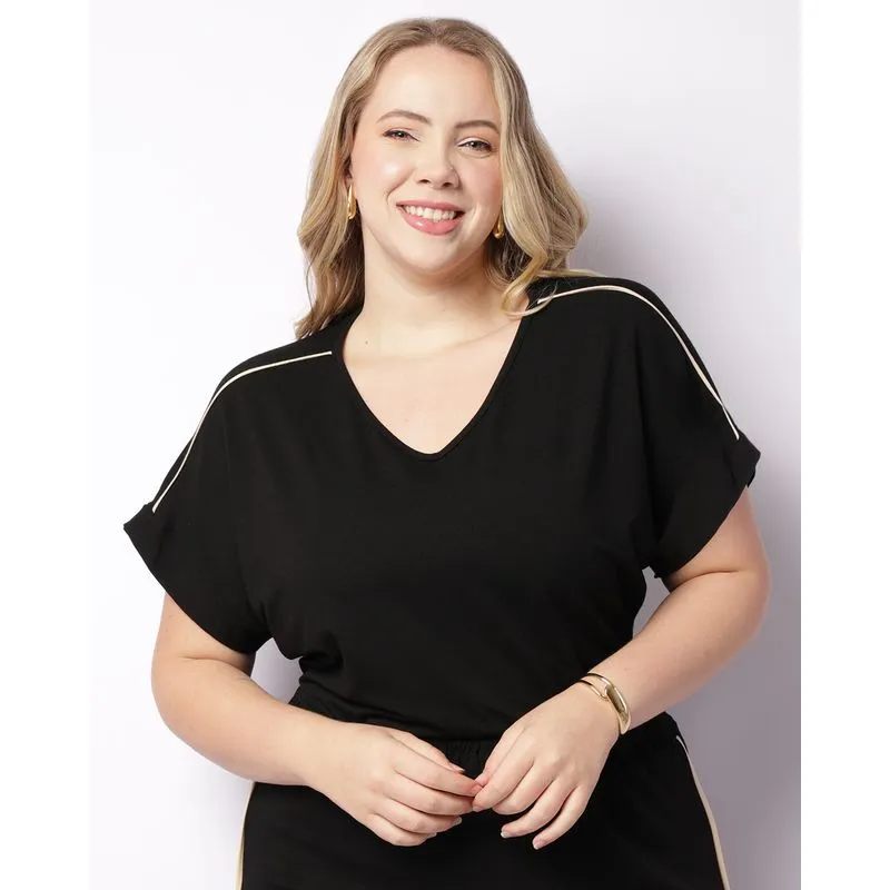 Blusa Plus Size Feminina Manga Curta Friso No Ombro Preta G1