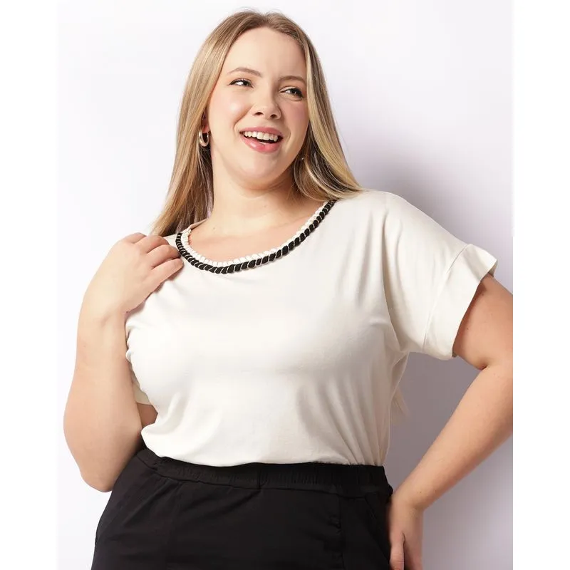 Blusa Plus Size Feminina Com Trançado E Fio Lurex Off White G1