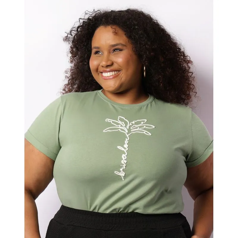 Blusa Plus Size Feminina Aplicação Frontal Manga Curta Verde G3