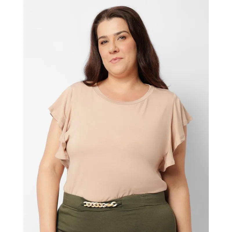 Blusa Plus Size Feminina Manga Curta Com Babado Bege G3