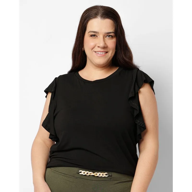 Blusa Plus Size Feminina Manga Curta Com Babado Preta G3