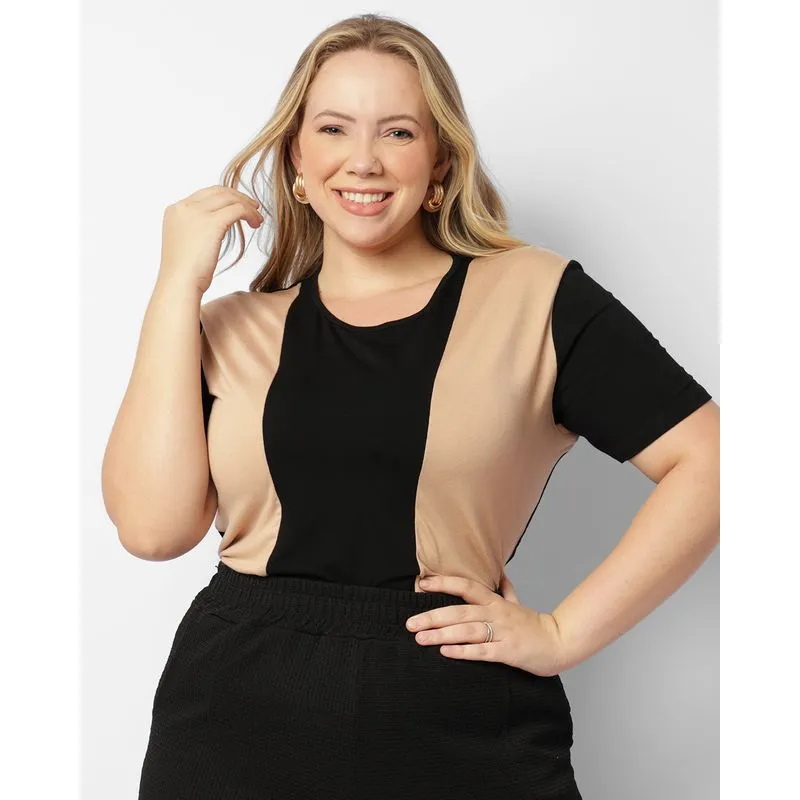 Blusa Plus Size Feminina Recorte Bicolor Preta G1