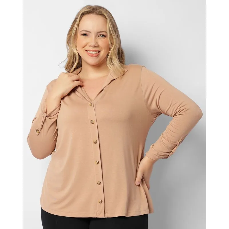 Camisa Plus Size Feminina Manga 3/4 Bege G3