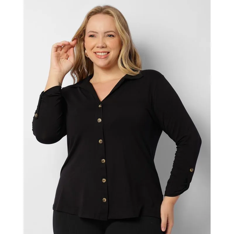 Camisa Plus Size Feminina Manga 3/4 Preta G2