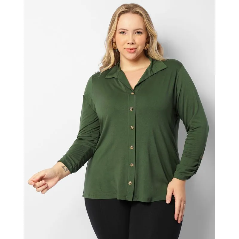 Camisa Plus Size Feminina Manga 3/4 Verde G3