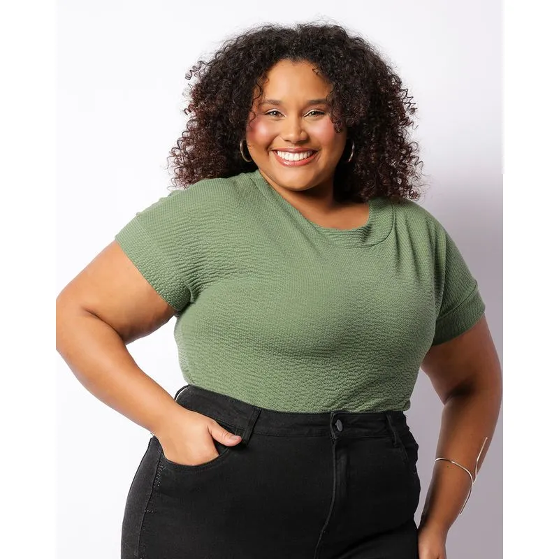 Blusa Plus Size Feminina Manga Curta Texturizada Verde G2