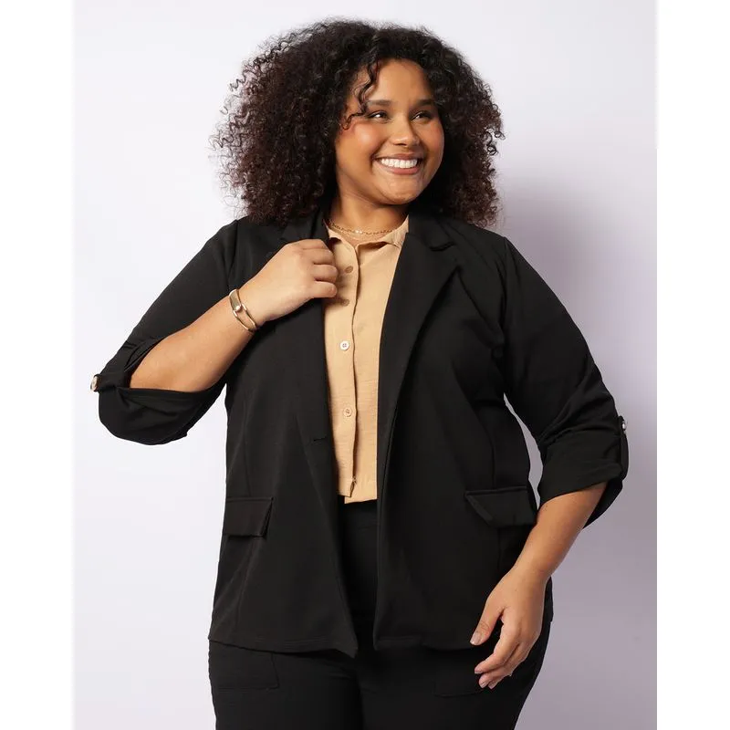 Blazer Plus Size Feminino Crepe Com Botões Preto G3