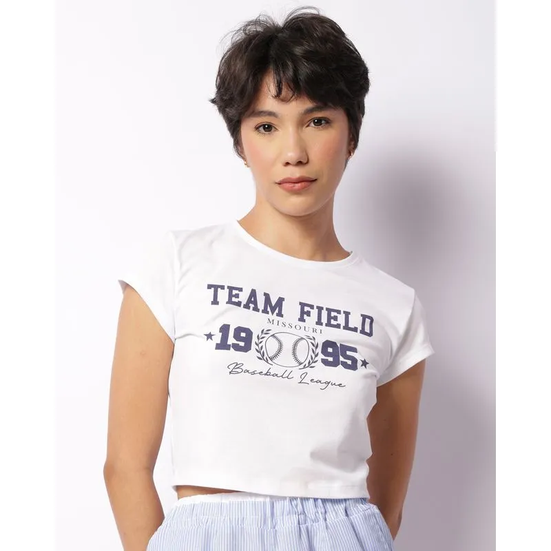 Blusa Feminina Cropped Estampa Frontal Teamfield Manga Curta Branca G
