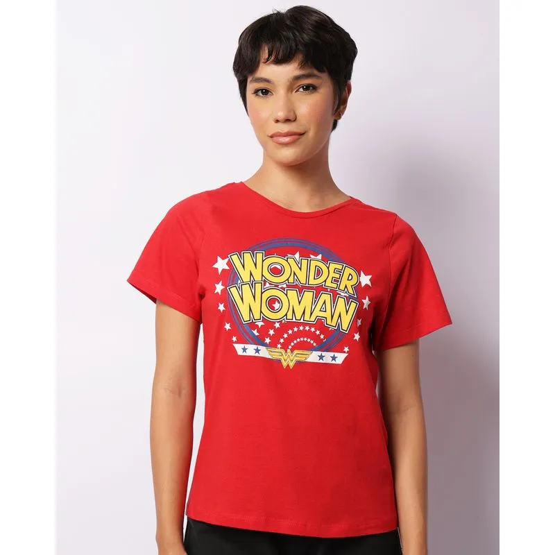 Camiseta Feminina DC Comics Mulher Maravilha Manga Curta Vermelho GG