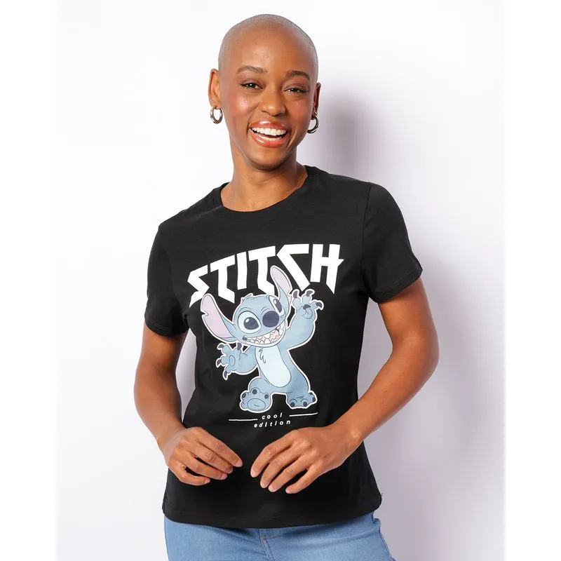 Camiseta Feminina Disney Stitch Manga Curta Preta M