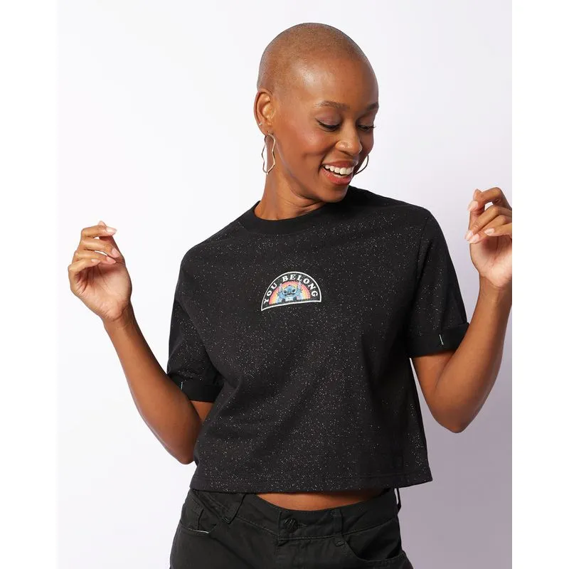 Camiseta Feminina Cropped Disney Stitch Manga Curta Preta P