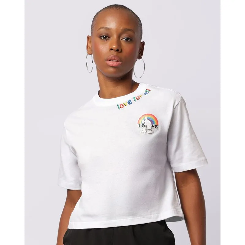 Camiseta Feminina Cropped Disney Pride Mickey Manga Curta Branca P