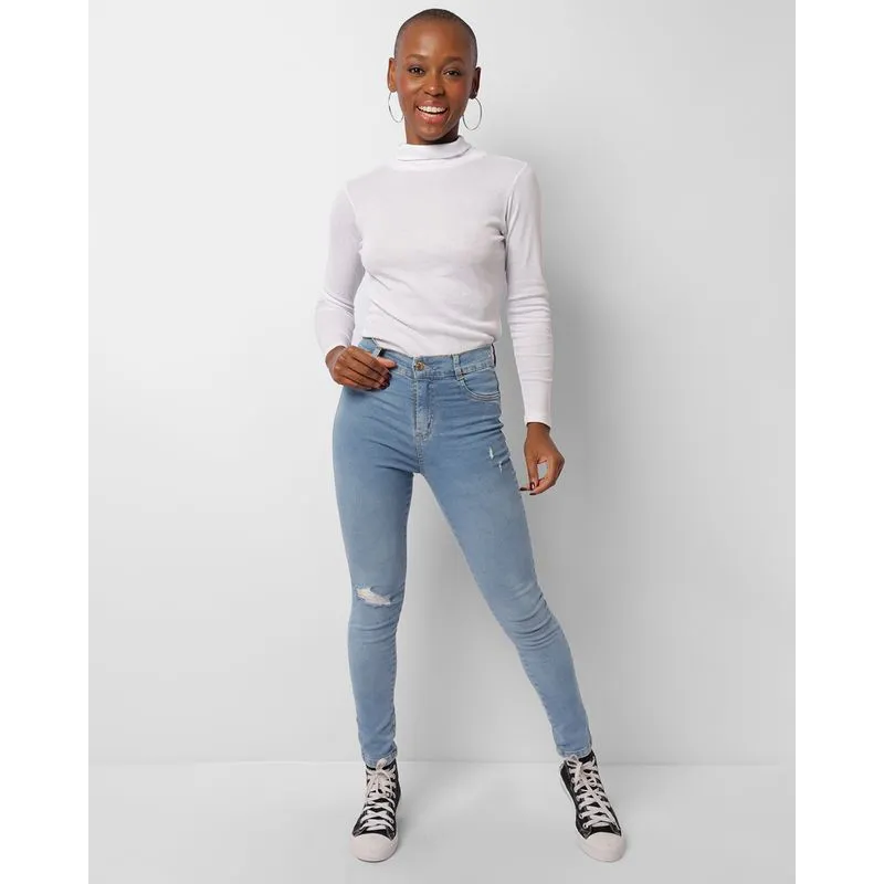 Calça Jeans Feminina Sawary Skinny Com Puídos Azul 36