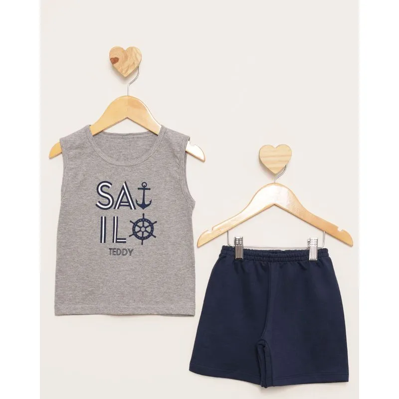 Conjunto Bebê Regata Estampa Frontal Marinheiro Cinza 1