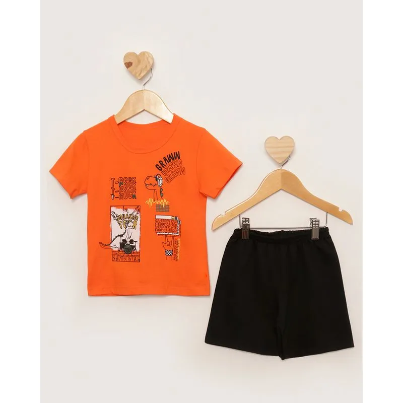Conjunto Bebê Curto Estampa Frontal Dinossauro Laranja 1