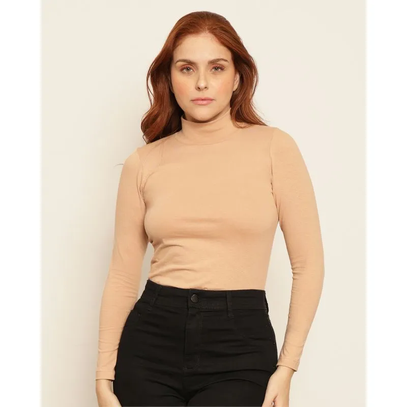 Blusa Feminina Manga Longa Gola Alta Bege G