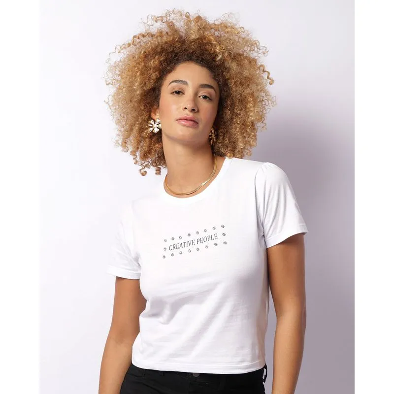 Blusa Feminina Manga Curta Com Aplicação De Strass Branca G