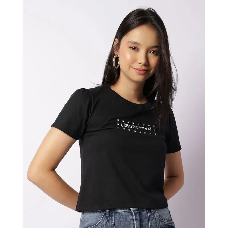 Blusa Feminina Manga Curta Com Aplicação De Strass Preta P