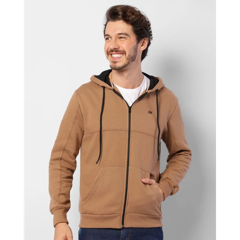 Jaqueta Moletom Masculina Peluciada Com Capuz E Recortes Marrom P