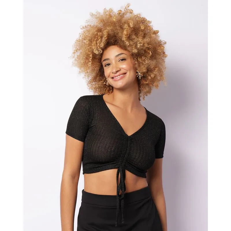 Blusa Feminina Cropped Colissê Frontal Com Glitter Preta GG