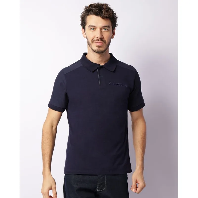 Camisa Polo Masculina Recorte Texturizado Bordado Marinho G