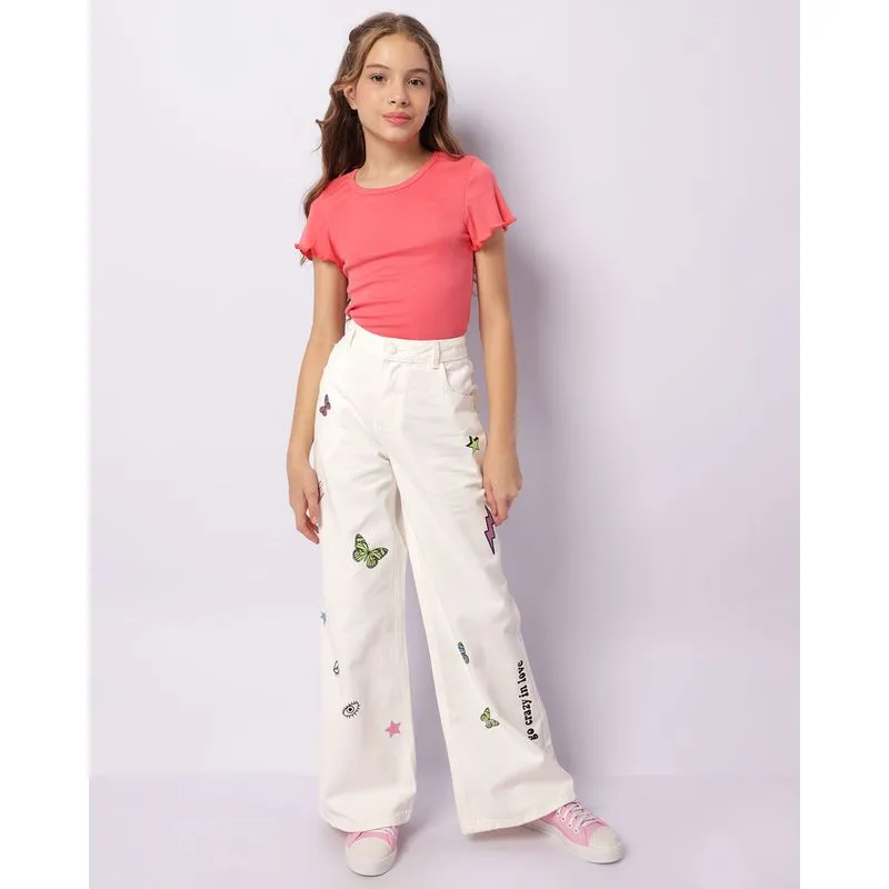 Calça Juvenil Sarja Wide Leg Estampa Frontal Off White 12