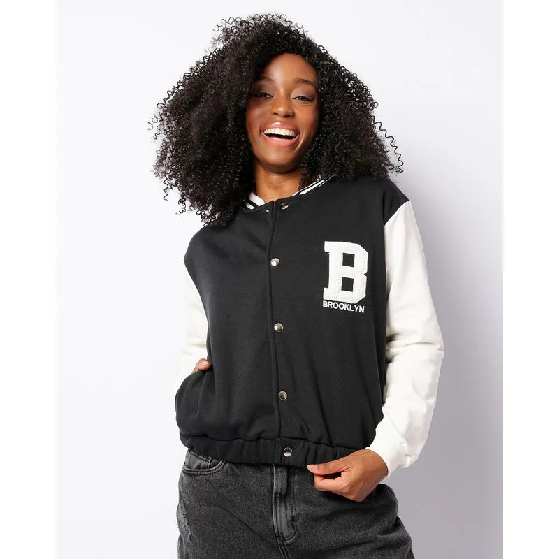 Casaco Moletom Feminino Peluciado Bomber College Preto G
