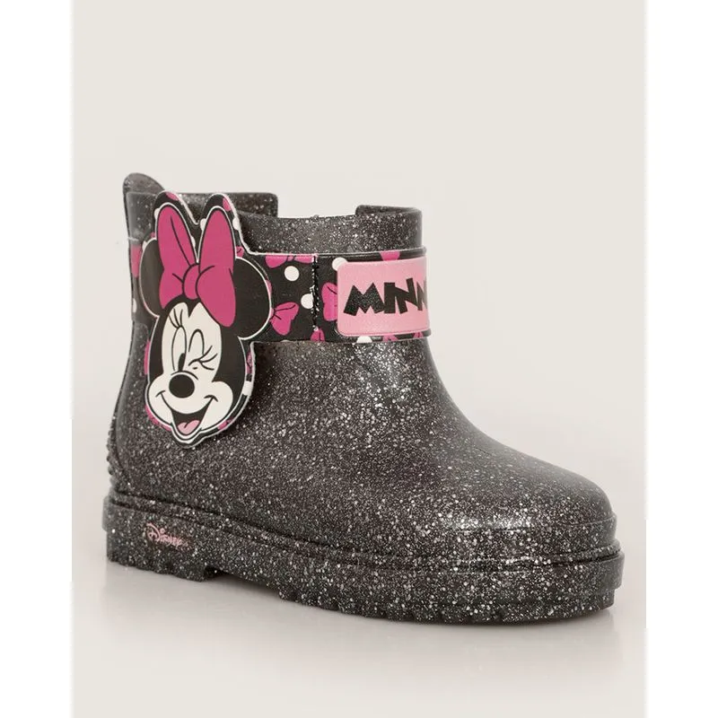 Bota Infantil Coturno Tratorada Disney Minnie Com Glitter Preta 25/26
