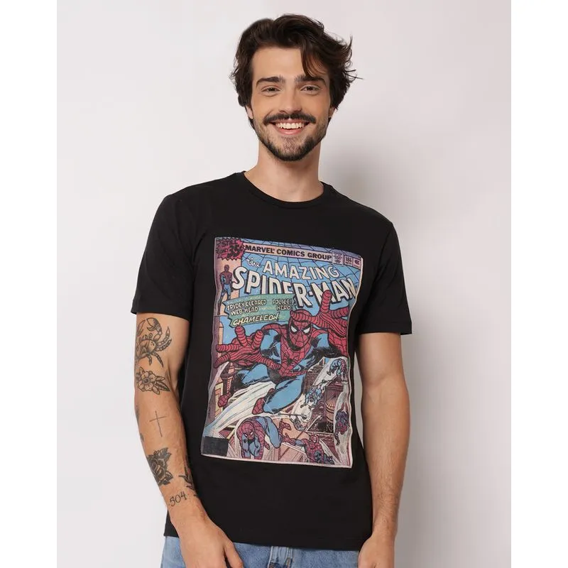 Camiseta Masculina Algodão Marvel Homem Aranha Manga Curta Preta G