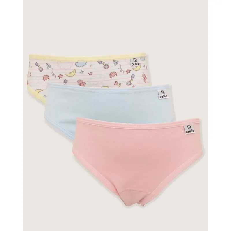 Kit 3 Calcinhas Infantil DelRio Biquíni Branca Azul e Rosa P