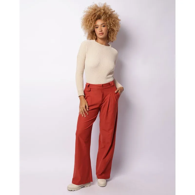 Calça Feminina Moletinho Reta Bolsos Com Frisos Terracota P