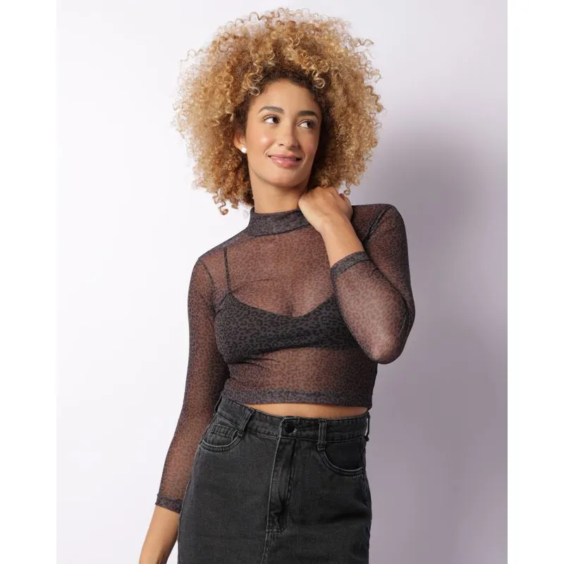 Blusa Feminina Tule Animal Print Manga Longa Preta M