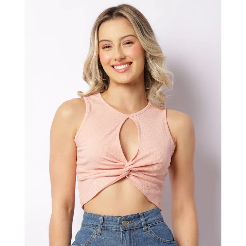 Regata Feminina Cropped Com Recorte Vazado Rosa G