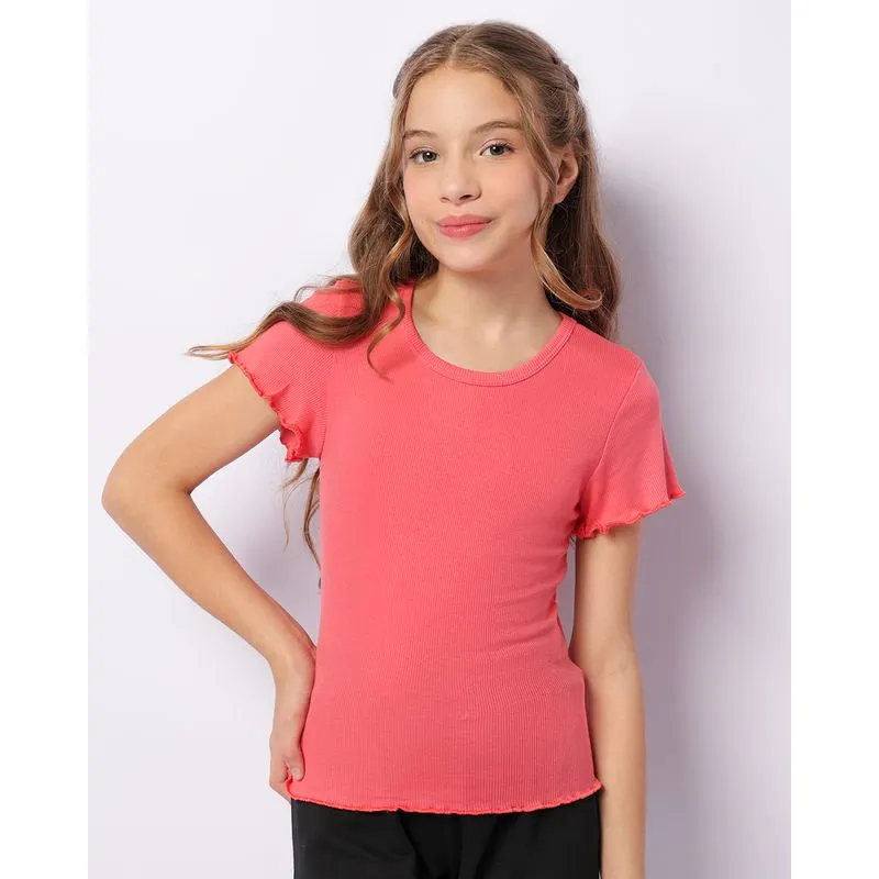 Blusa Juvenil Canelada Manga Curta Com Frufru Rosa 16