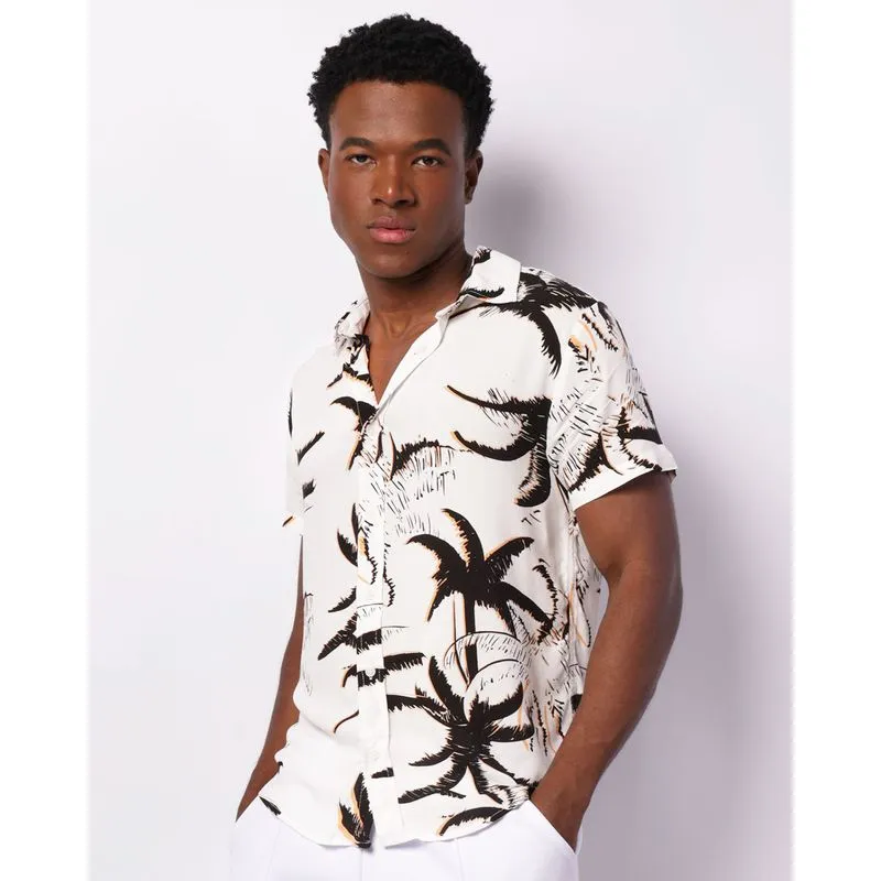 Camisa Masculina Viscose Estampada Manga Curta Branca G